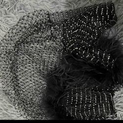 SHEIN BAE Fuzzy Cuff Rhinestone Detail Fishnet Top Without Bra Black / 8/10 (L)