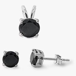 Sterling Silver & Black CZ Earrings & Necklace Charm Set