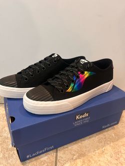 Keds Crew Kick Wave Sneakers Lace Up Low Top Canvas Black Rainbow Size 6 NEW