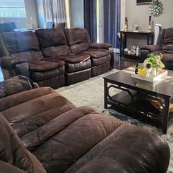 Recliner Sofa And 2 Love Seats With Coffee Table End Table And  Entertainment Table 