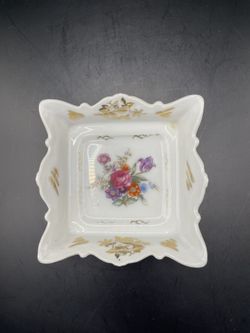 Vintage Germany Porcelain Trinket Dish Gold Trim Floral Square Footed 4x4
