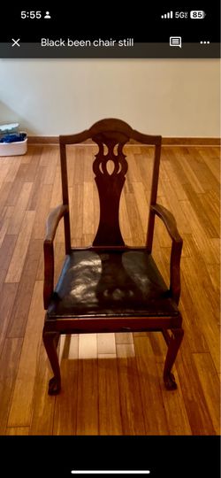 Chippendale-Style Mahogany Armchair with Black Leather Seat