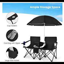 Double Camping Chair, 2 Person Portable Outdoor Folding Loveseat with Umbrella, Table, Cooler Bag,