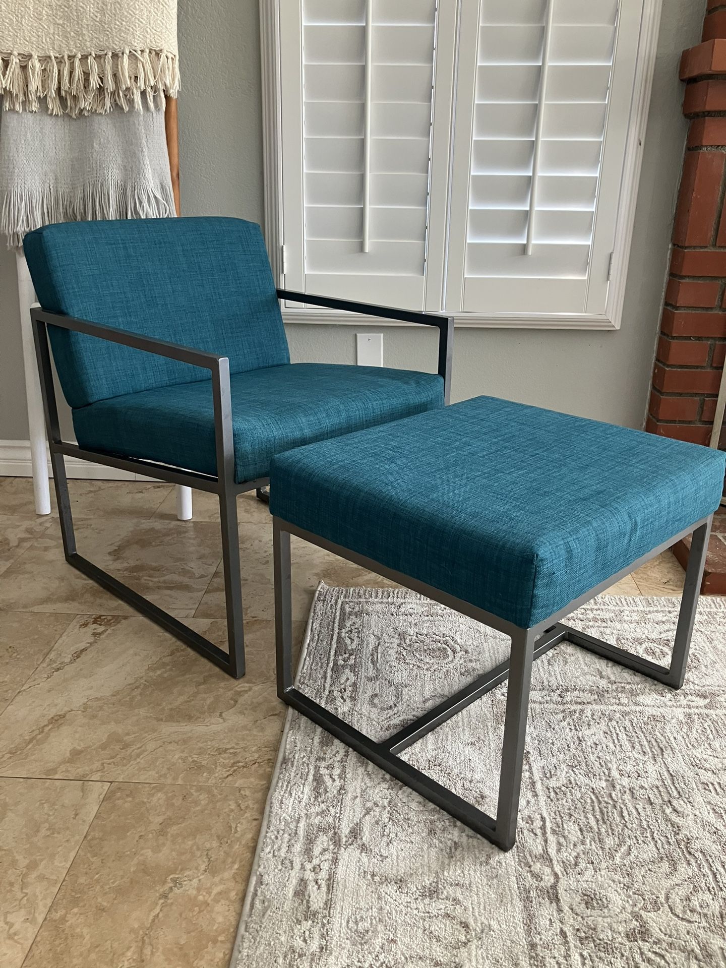 Teal Upholstered Accent Chair + Ottoman Set
