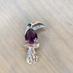 Gold Plated Swarovski Amethyst Crystal Toucan Bird Brooch