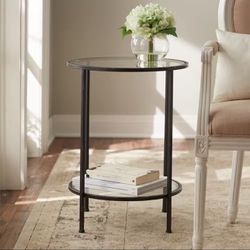 Round Antique Bronze Metal and Glass Accent Table (18 in. W x 24 in. H)