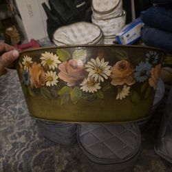 Vintage Painted Metal Basket planter  With Flowers