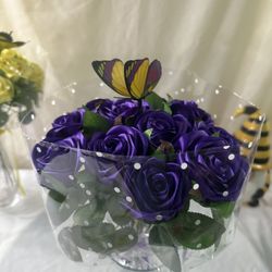 Purple Satin Rose Bouquet with Butterfly