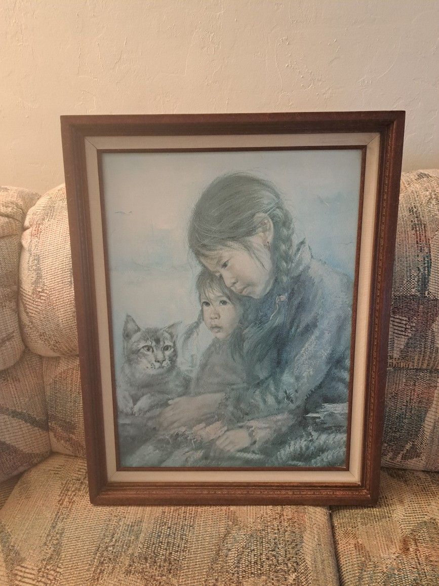 Vintage Large Canvas Print Of Two Girls And A Cat