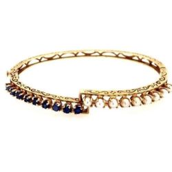 Antique 14k Seed Pearls/Blue Sapphires Bangle