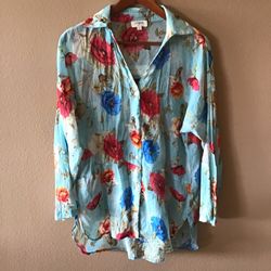 Umgee Blue Floral Gauze Roll Sleeve Tunic Blouse