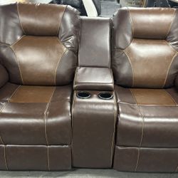 Two-Tone Brown Leather Reclining Loveseat