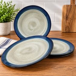 Gibson Elite Couture Bands Blue 11” Dinner Plates Set of 4 Stoneware