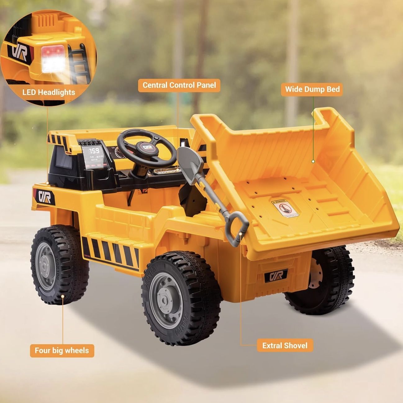 12V Electric Ride On Dump Truck for Kids, Yellow Power Wheels Truck with Remote Control, Dump Bed & Shovel, Spring Suspension, LED Lights - Electric C