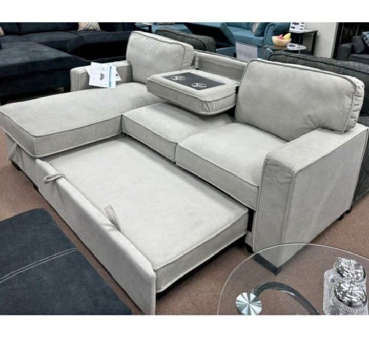 86.5"W Beige Reversible Sleeper Sectional sofa bed with Storage couch Drop-Down Table 2 Cup Holders and 2USB Ports