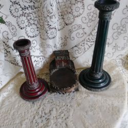 A Green Burgandy And Bronze Candle holders