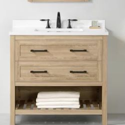 Home Decorators Collection Autumn 36 in. W x 19 in. D x 34 in. H Single Sink Bath Vanity in Weathered Tan with White Engineered Stone Top
