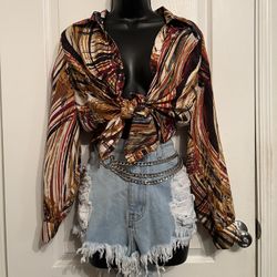 Women’s Vintage Retro Brown Multicolor Print Dressy Shirt 🍭🤎