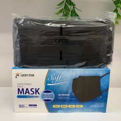 Lucky Star 3-Ply Face Masks (black) 50 Count Soft Ear Loops