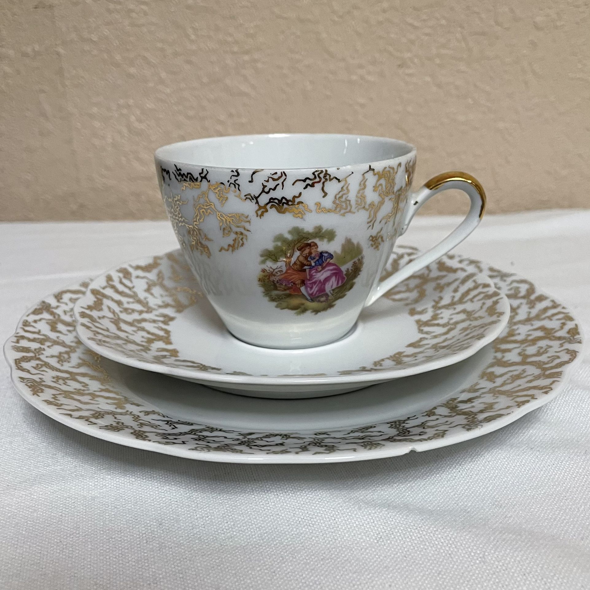 Vintage Rieber Bavaria Porcelain Tea Set Pieces – Gold Filigree & Romantic Scene