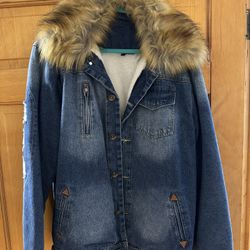 Men’s Faux Fur [Detachable] Denim Jacket w/ Fleece-Like Lining, Size Large [NEW!]