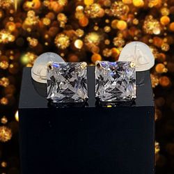 14k Solid Yellow Gold Emerald Cut Brilliant CZ 6x6mm Earrings, Aritos De Oro