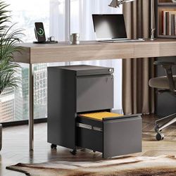 Fully Assembled 2-Drawer Metal File Cabinet with Lock - Black Under-Desk Storage