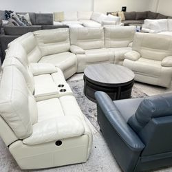 White Genuine Leather Sectional With Matching Chair