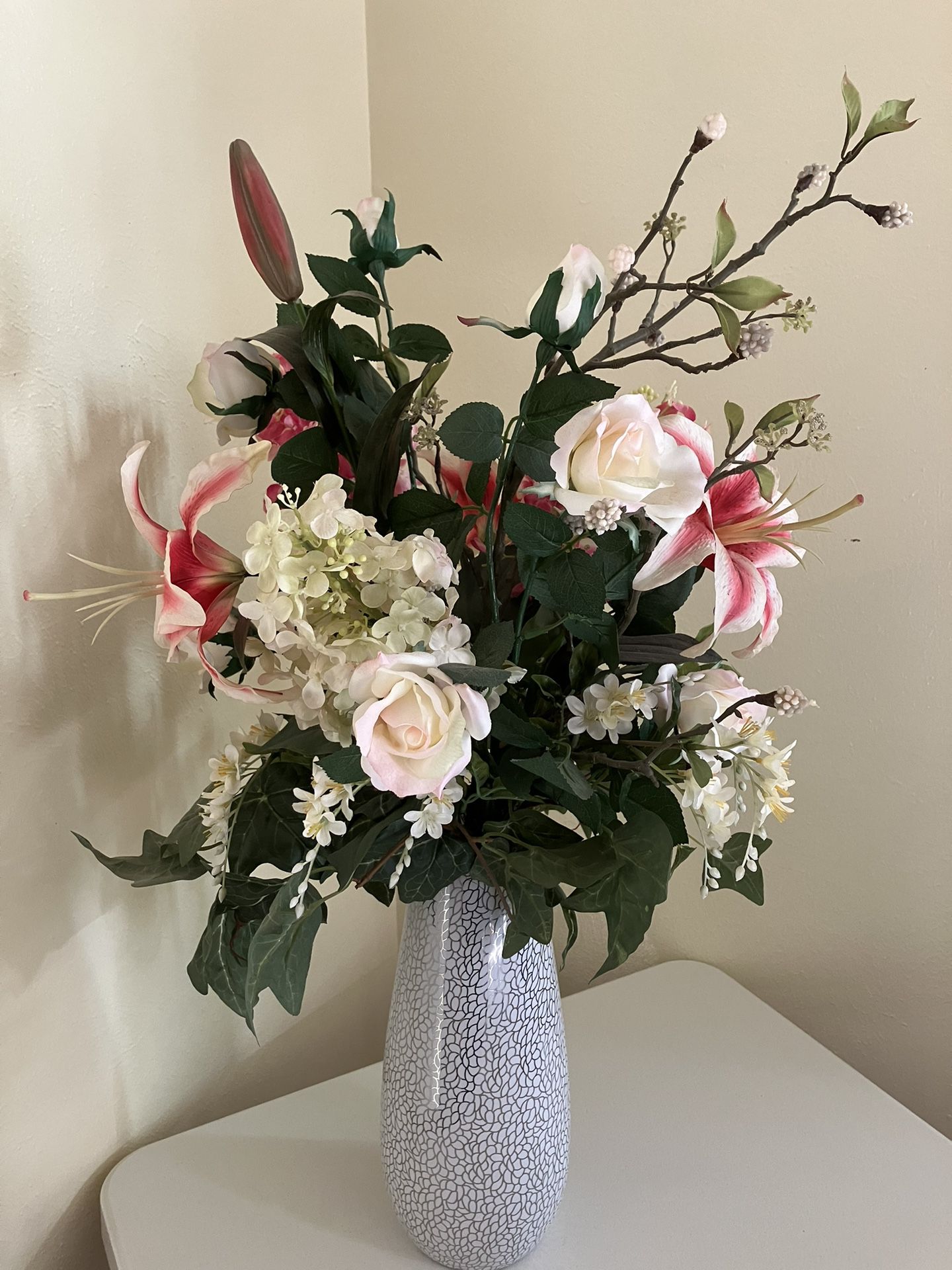 Faux Flowers & Vase: Pink Roses, Lilies [or Get 3 For $5]