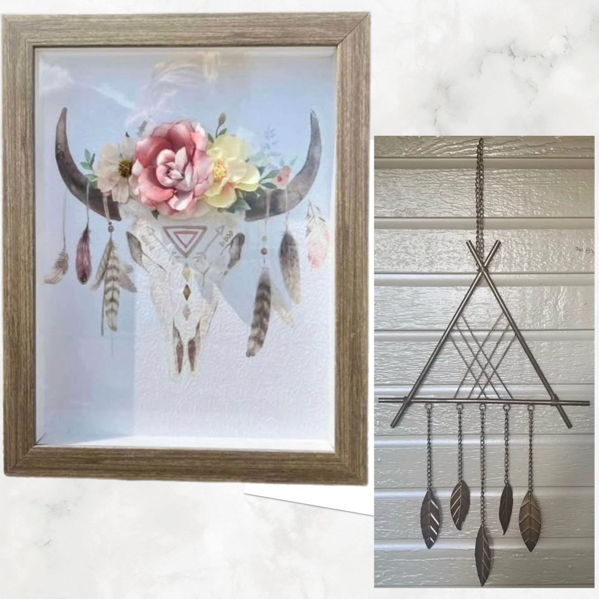 Bohemian Southwestern Feather Floral Skull Wood Framed & Metal Hanging Wall Home Decor