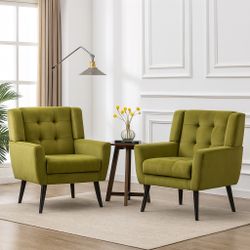 Set Of 2 Olive Green Velvet Square Arm Armchairs / Accent Chairs [NEW] **Retails For $280+