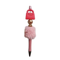 Fashion Fancy Mini Bag Custom Fur Beaded Ballpoint Twist Pen Pink Topper