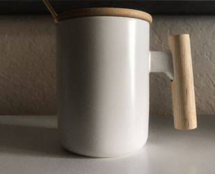 NEW Porcelain Cup With Wooden Handle - White