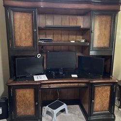 Solid wood desk with hutch and wood chair with leather