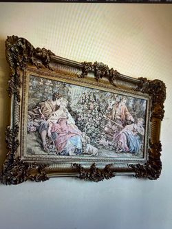 Ornate Gold Framed vintage Tapestry . Romantic Pastoral Garden Scene with Lovers, Shepherd & Sheep