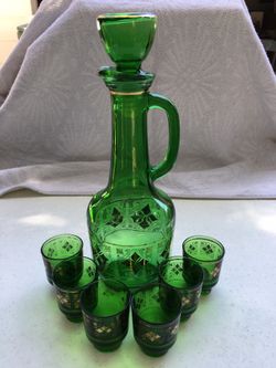 Vintage Green and Gold Glass Decanter with 6 shot glasses