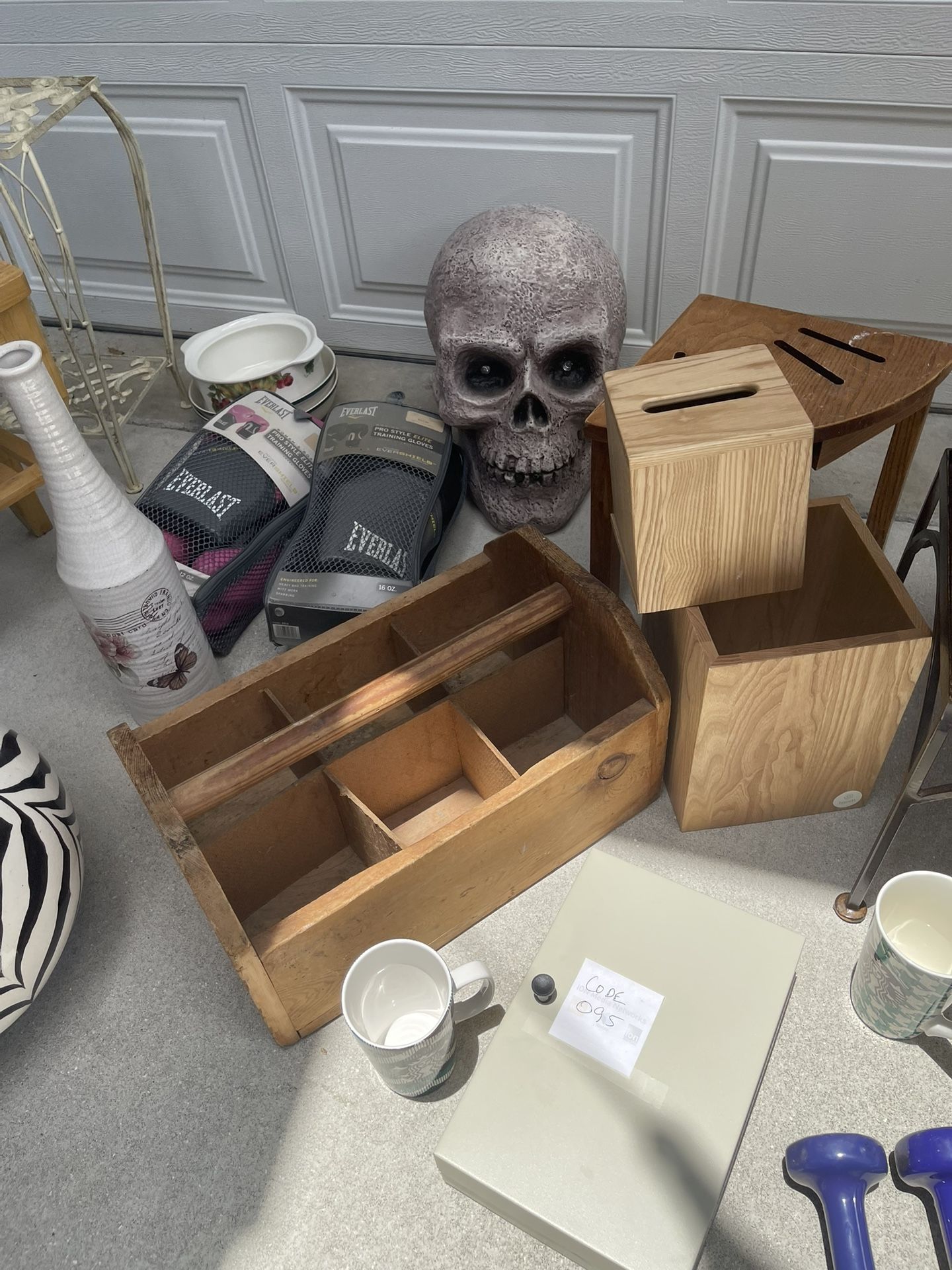 $10 each sale. Stools, leaf blowers, vase, mugs, teak, Starbucks, love mugs, tool holder, weights
