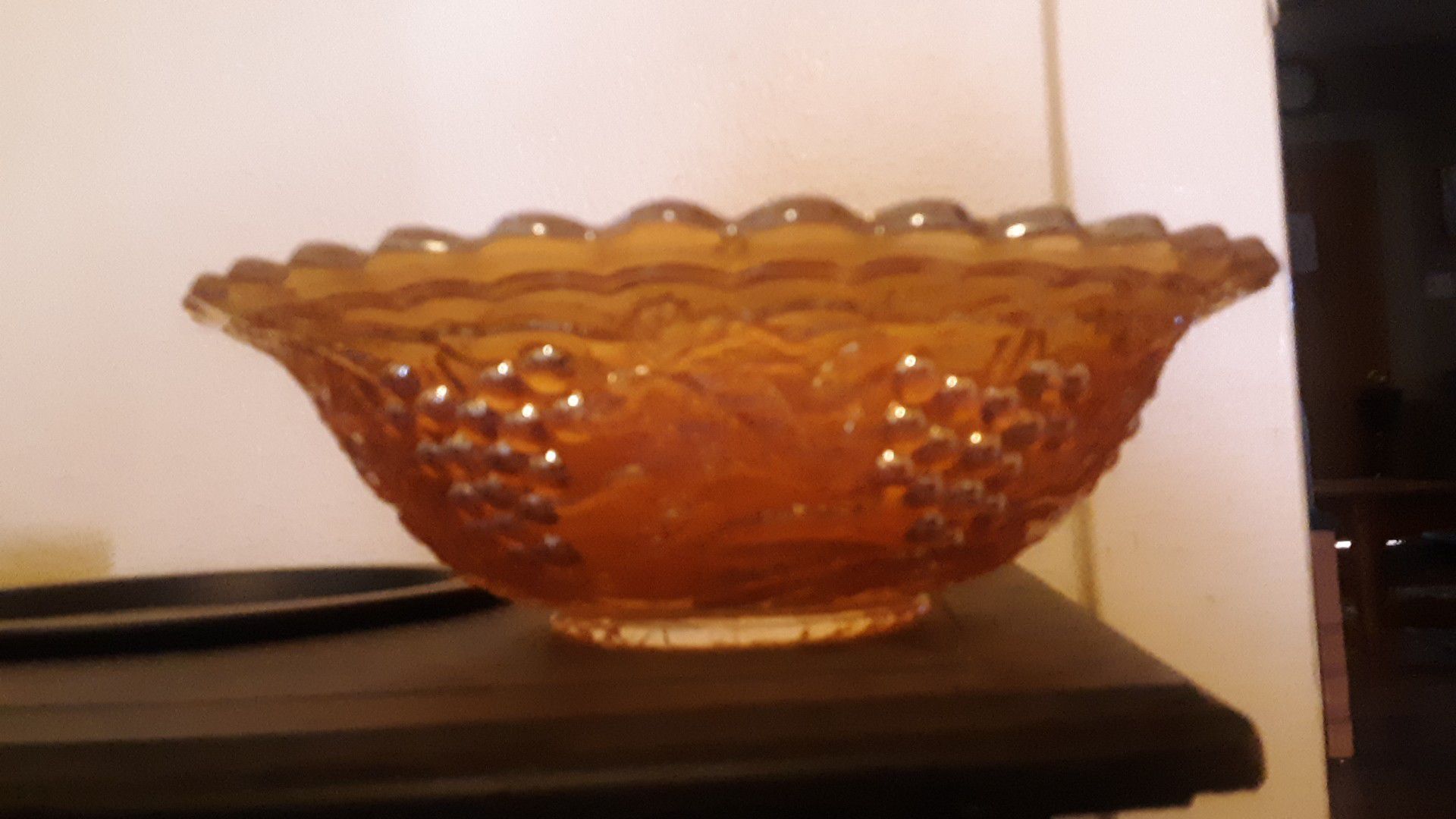Amber carnival glass serving bowl