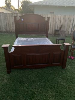 Dark Wood Panel Bed Frame with Headboard and box spring