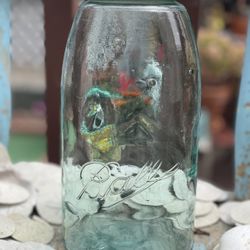 Vintage Light Aqua Ball Jar With Glass Lid  5-5   9”.        5