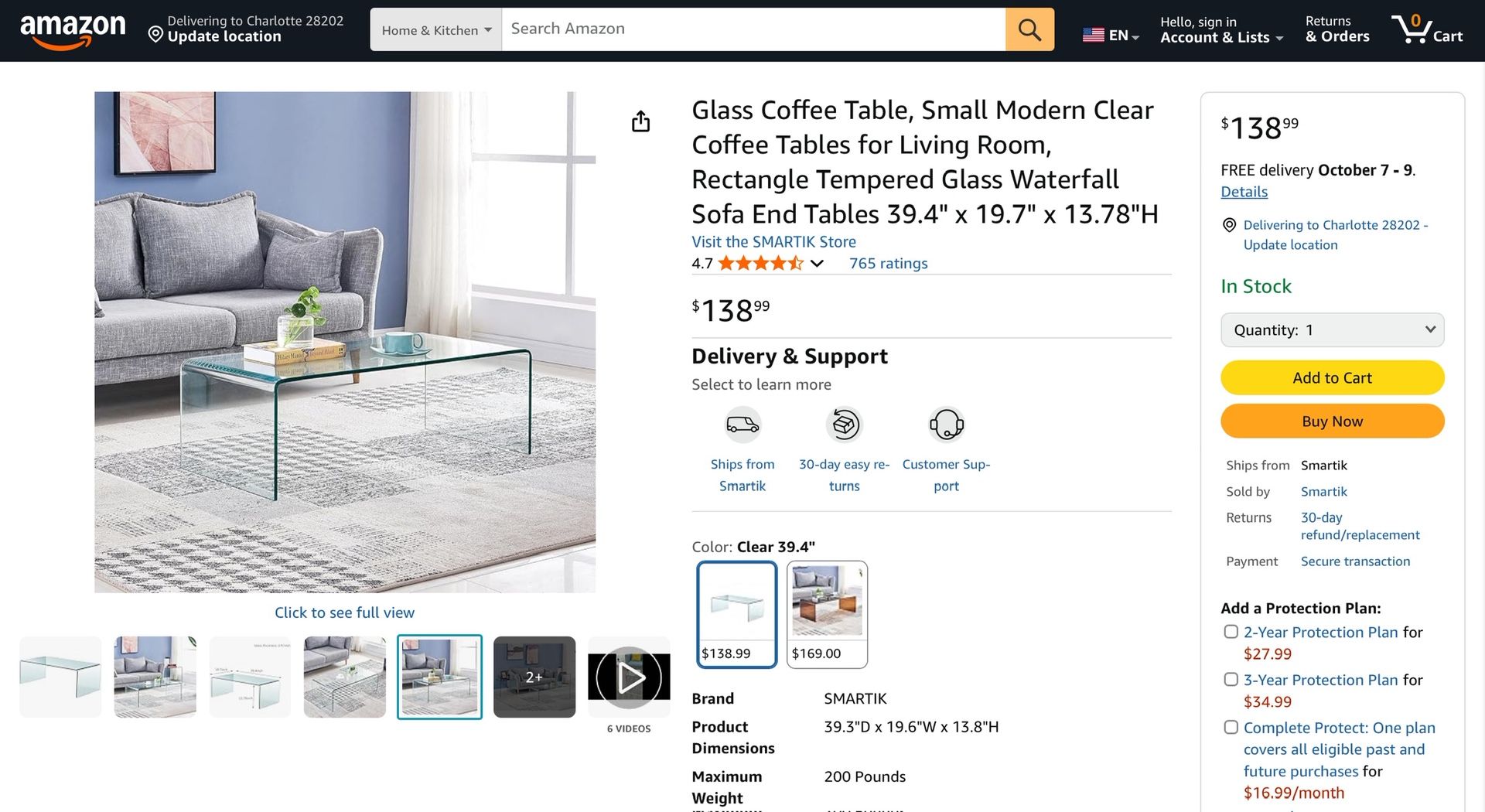 Glass Coffee Table, Small Modern Clear Coffee Tables for Living Room, Rectangle Tempered Glass Waterfall Sofa End Tables 39.4" x 19.7" x 13.78"H