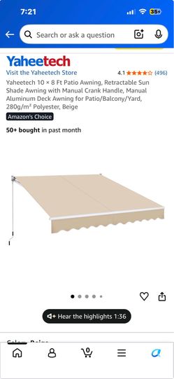 Yaheetech 10 × 8 Ft Patio Awning, Retractable Sun Shade Awning with Manual Crank Handle, Manual Aluminum Deck Awning for Patio/Balcony/ Yard, 280g/m2 