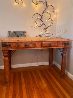 Title: Rustic Wood Console Table — Solid Wood, Wrought Iron Hardware — 48"W x 31"H x 30"D