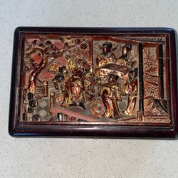 Antique Vintage Dynasty Chinese Hand Carved Gilded Red Lacquer Wood Panel