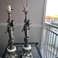A Pair Of Bronze And Marble Cherub Lamps Vintage 