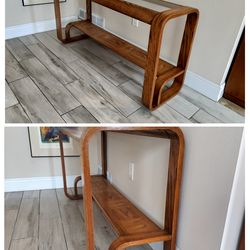 Vintage Post Modern Slimline Sculptural Oak and Glass Console Entry Table