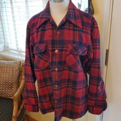 Vintage Pendleton Board Shirt Size Medium Plaid Wool Loop Collar Flap Red Black Flannel Look