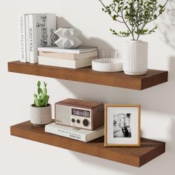 24 Inch Floating Shelves Set of 2, Rustic Solid Wood Wall Mounted Shelves for Decor & Storage, Dark Walnut Shelves for Bedroom Kitchen Living Room - D