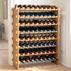 72 Bottle Stackable Modular Wine Rack, 8-Tier Solid Bamboo Wood Storage Racks, Floor Freestanding Wines Holder Display Shelf, Wobble-Free Shelves for 