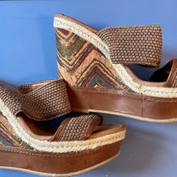 Lucky brand slip on high heel cork wedge sandals sz 7.5